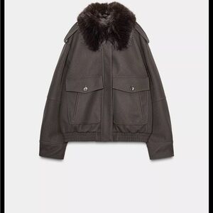 Taupe leather bomber jacket with fur trim